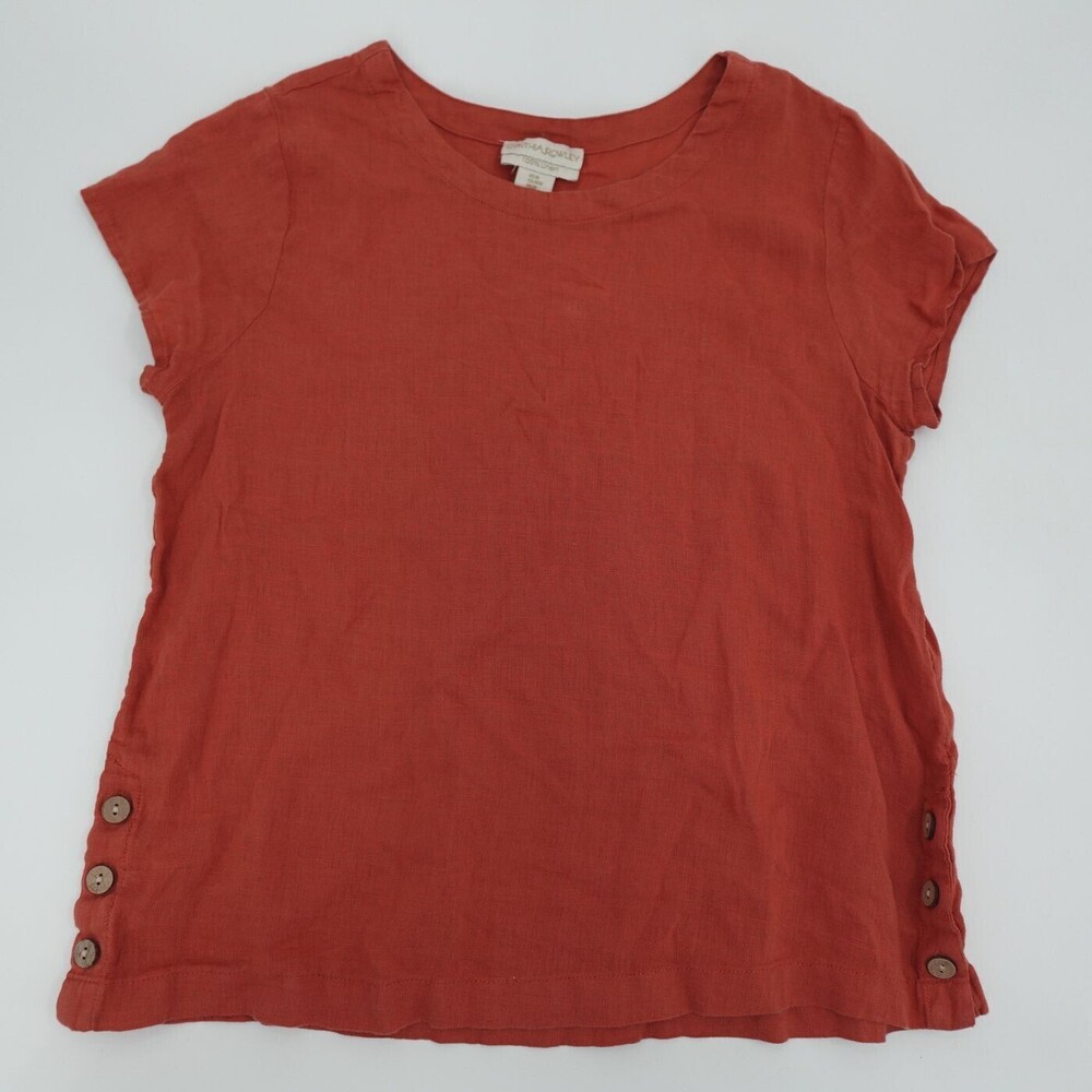 Cynthia Rowley Top Womens Medium Orange Linen Short Sleeve Side Button Detail